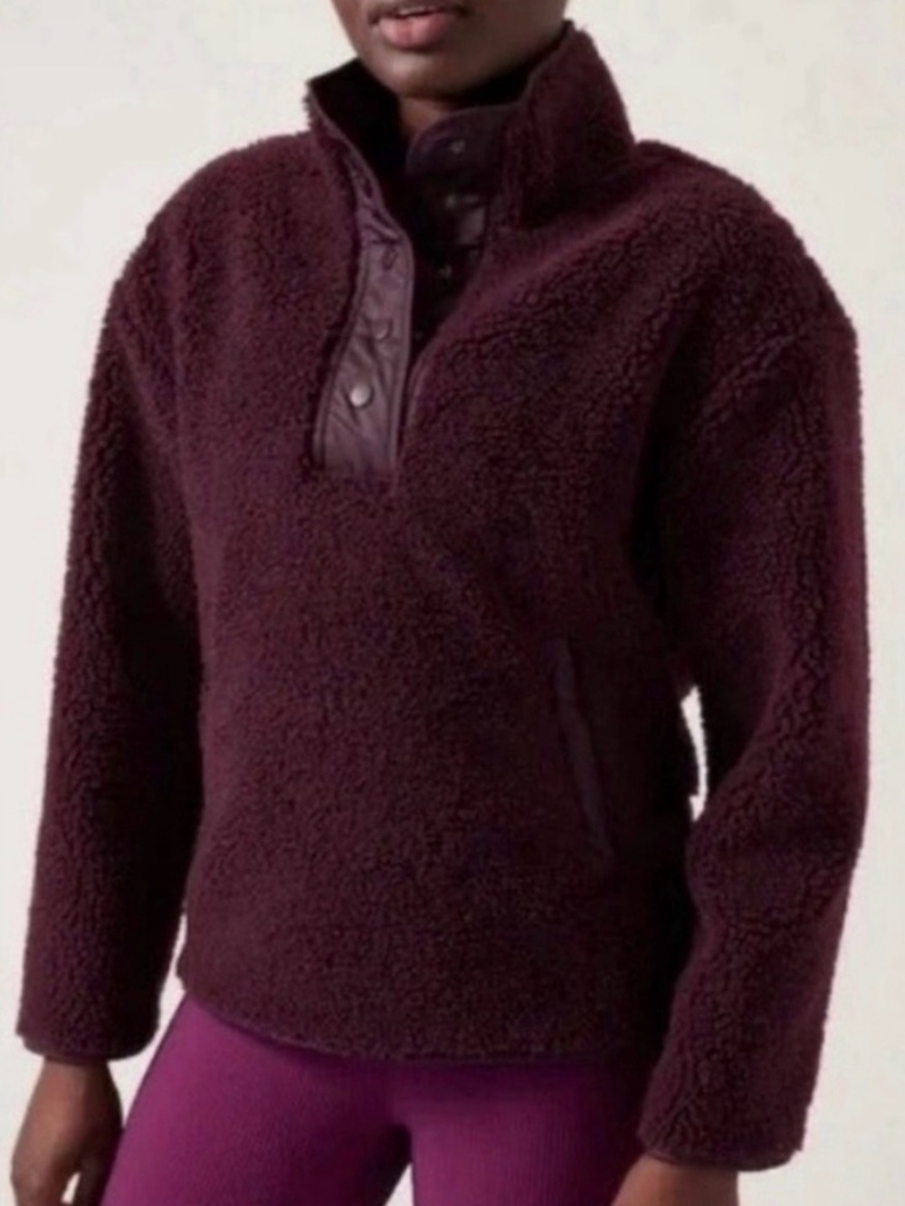 Athleta Cozy Sherpa Snap Sweatshirt Size Medium Spiced Cabernet